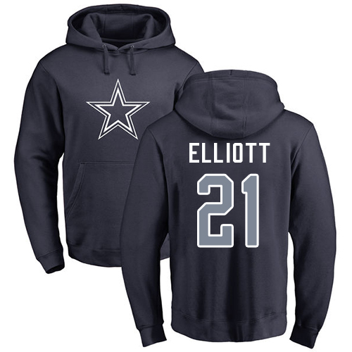 Men Dallas Cowboys Navy Blue Ezekiel Elliott Name and Number Logo #21 Pullover NFL Hoodie Sweatshirts